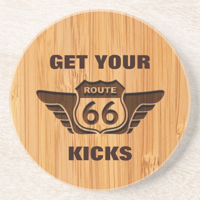 Bamboo Look & Engraved Get Your Kicks on Route 66 Sandstone Coaster (Front)