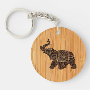 Bamboo Look & Engraved Retro Thai Elephant Keychain