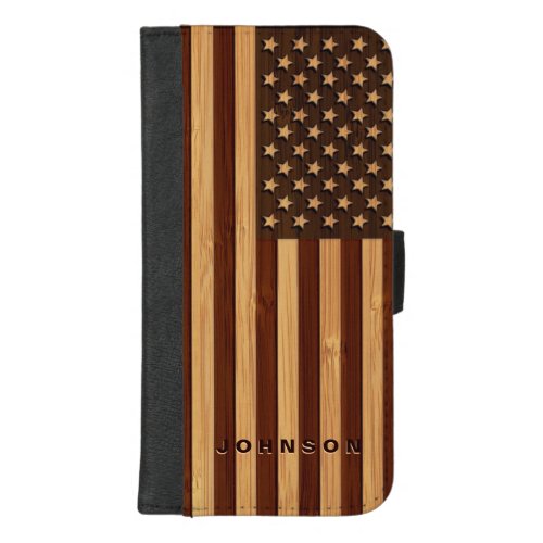 Bamboo Look  Engraved Vintage American USA Flag iPhone 87 Plus Wallet Case