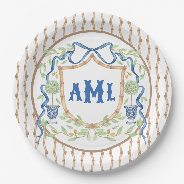 Bamboo & Olive Topiary Crest | Monogram Paper Plates (Front)