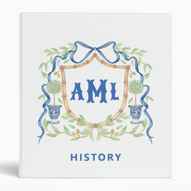 Bamboo & Olive Topiary Crest | Monogram School 3 Ring Binder (Front)
