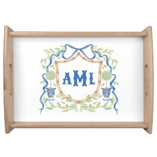 Bamboo & Olive Topiary Crest   Monogram Serving Tray