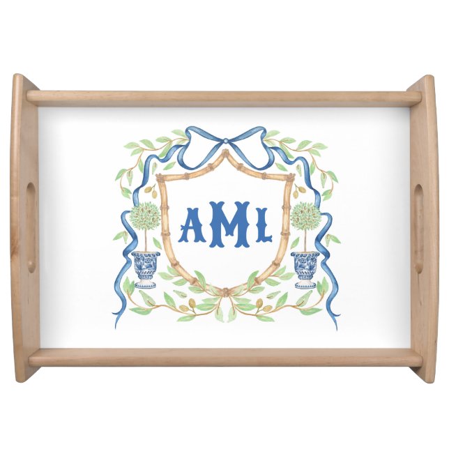 Bamboo & Olive Topiary Crest | Monogram Serving Tray (Front)