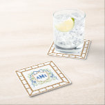 Bamboo & Olive Topiary Crest | Monogram Square Paper Coaster<br><div class="desc">This chic design features a Bamboo Crest with a blue bow surrounded by olive tree topiaries in  chinoiserie pots. There is a bamboo frame around the outside edge. You can personalize with your monogram.</div>