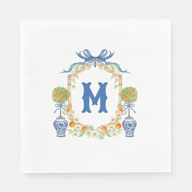 Bamboo & Orange Topiary Crest | 1-Letter Monogram Napkins (Front)