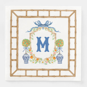 Bamboo & Orange Topiary Crest 1-Letter Monogram Paper Dinner Napkins