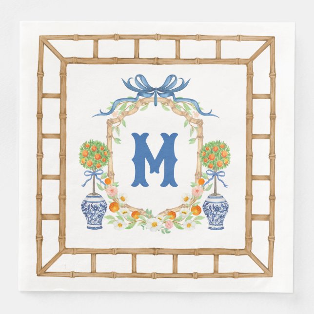 Bamboo & Orange Topiary Crest | 1-Letter Monogram Paper Dinner Napkins (Front)