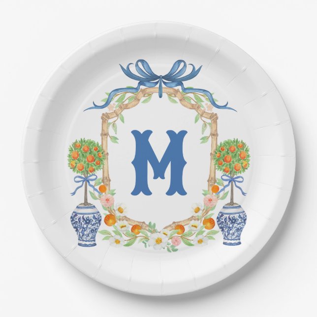 Bamboo & Orange Topiary Crest | 1-Letter Monogram Paper Plates (Front)