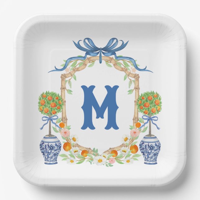 Bamboo & Orange Topiary Crest | 1-Letter Monogram Paper Plates (Front)