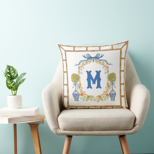 Bamboo & Orange Topiary Crest | 1-Letter Monogram Throw Pillow (Chair)