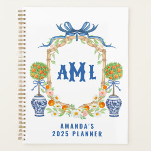 Bamboo & Orange Topiary Crest   3-Letter Monogram Planner