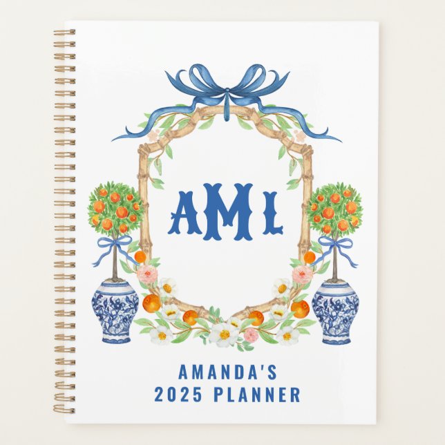 Bamboo & Orange Topiary Crest | 3-Letter Monogram Planner (Front)