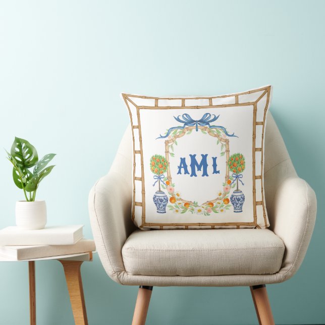 Bamboo & Orange Topiary Crest | 3-Letter Monogram Throw Pillow (Chair)
