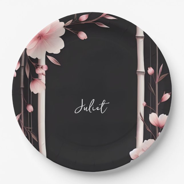 Bamboo Pink Sakura Cherry Blossom Bridal Shower Paper Plates (Front)