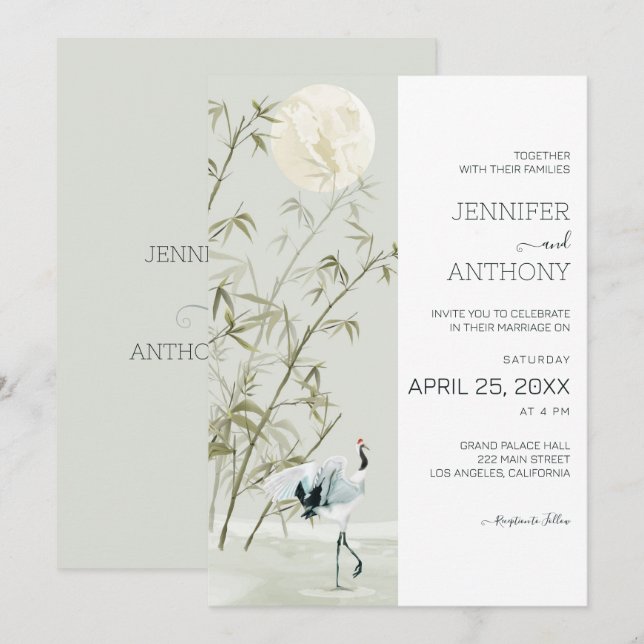 Bamboo Plants and Crane Wedding Invitation (Front/Back)