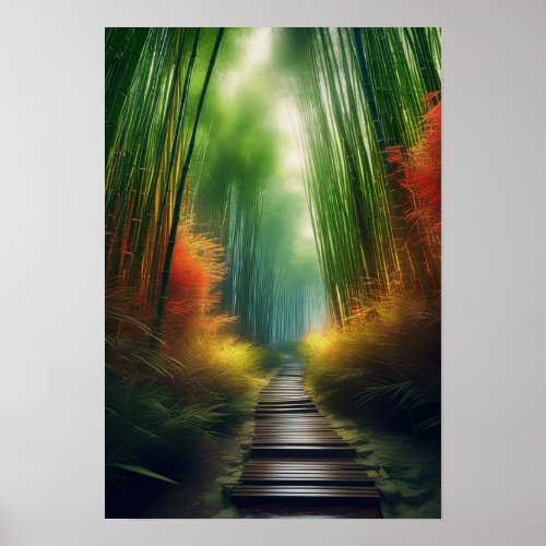 Bamboo Retreat A Journey on the Wooden Pathway Poster