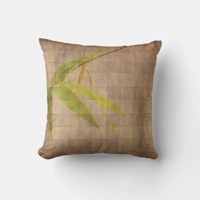 Bamboo rice paper look green brown oriental pillow (Front)