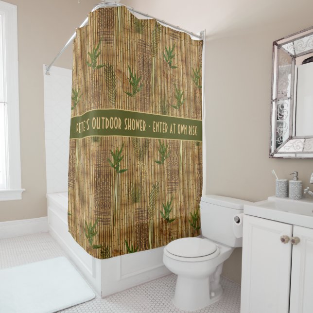 Bamboo shower curtain with customizable text (In Situ)