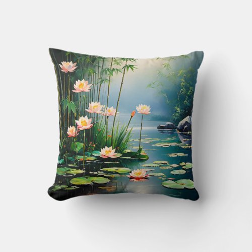 Bamboo stalks and lotus flowers throw pillow