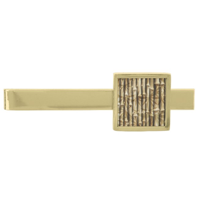 Bamboo Texture Pattern Sporty Men's Neck Tie Gold Finish Tie Bar (Front)