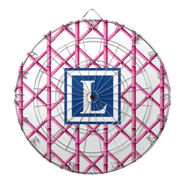 Bamboo Trellis Pink Navy Preppy Pattern Monogram Dart Board (Front)