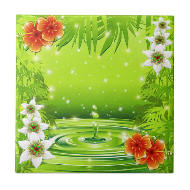 Bamboo, Water and Tropical Flowers Ceramic Tile (Front)