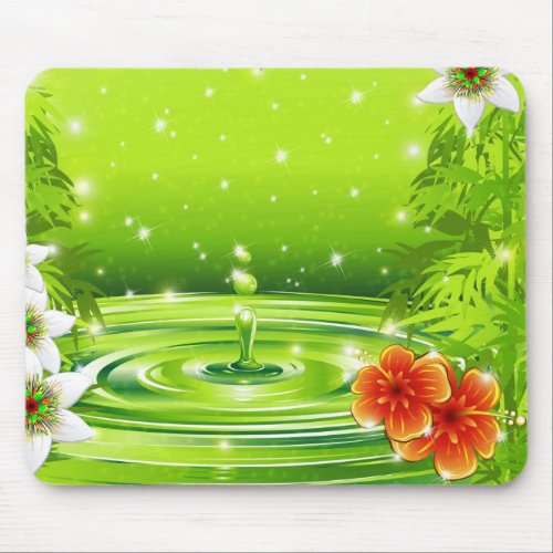 Bamboo Water and Tropical Flowers Mouse Pad