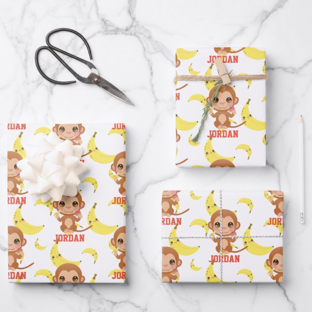 Banana Baby Monkey Happy Birthday Wrapping Paper Sheets (Front)
