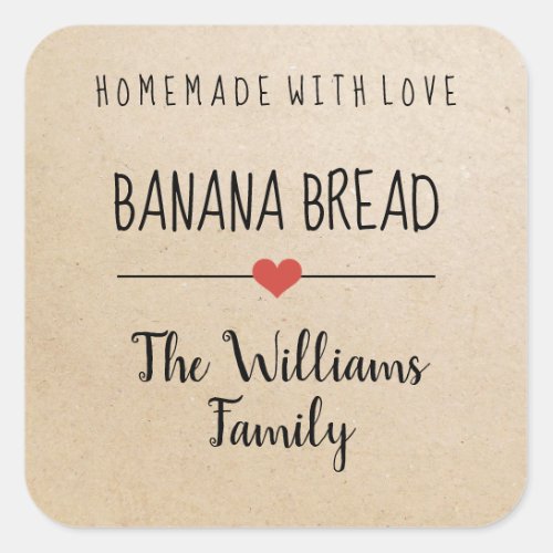 banana bread homemade with love kraft name square sticker