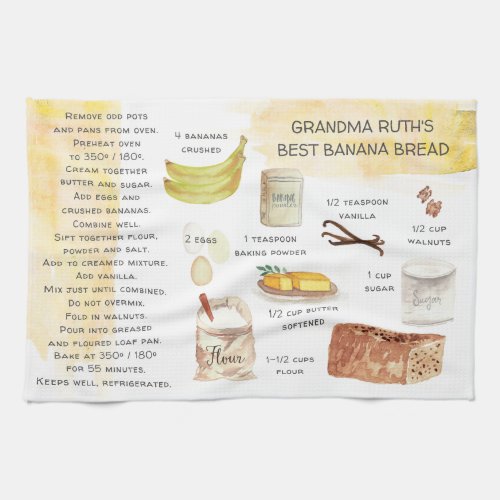 Banana Bread Watercolor Recipe Heirloom Tea Towels