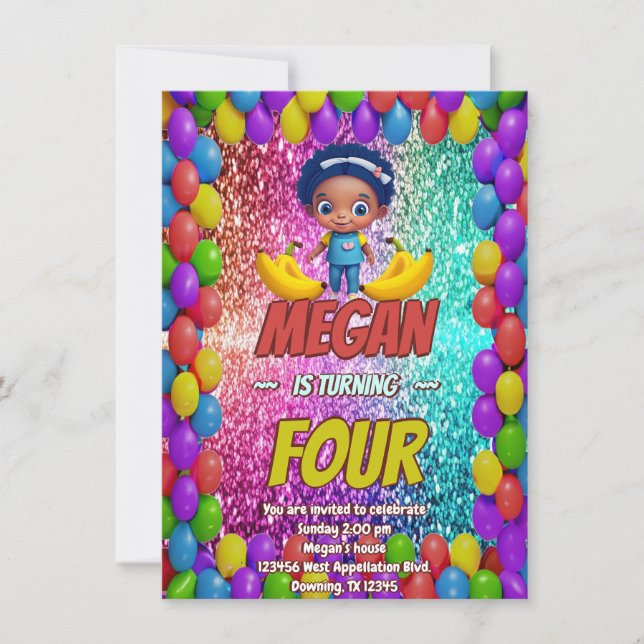 Banana cartoon birthday invite for kids (Front)