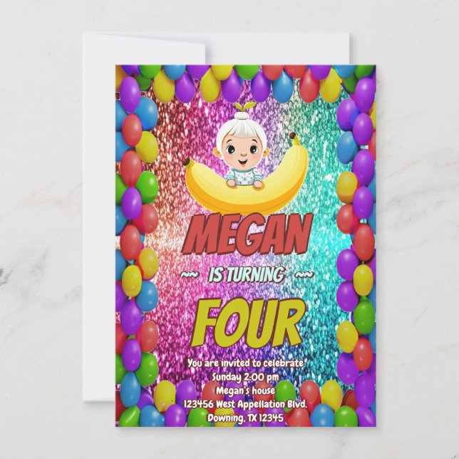 Banana cartoon birthday invite for kids (Front)