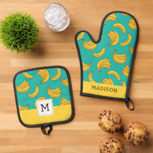 Banana Fruit Fun Pattern Oven Mitt & Pot Holder Set