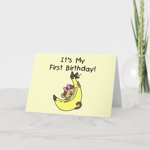 Banana _ Girl Monkey 1st Birthday Card