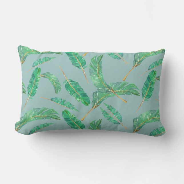 Banana Leaf Blue Green Tropical Leaves Pattern Lumbar Pillow (Front)