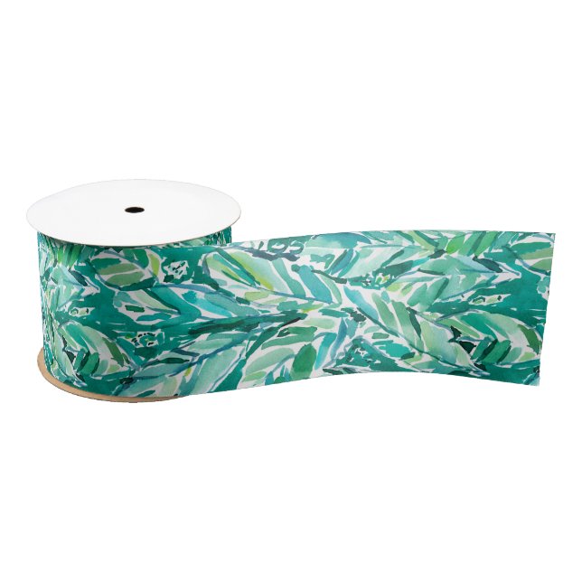 BANANA LEAF JUNGLE Green Tropical Satin Ribbon (Spool)
