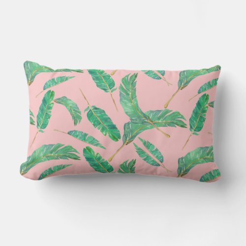 Banana Leaf Pink Green Tropical Leaves Pattern Lumbar Pillow