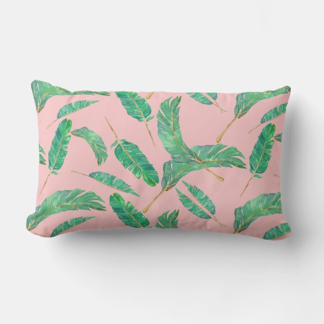 Banana Leaf Pink Green Tropical Leaves Pattern Lumbar Pillow (Front)
