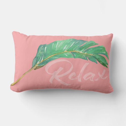 Banana Leaf Pink Green Tropical Palm Watercolor Lumbar Pillow