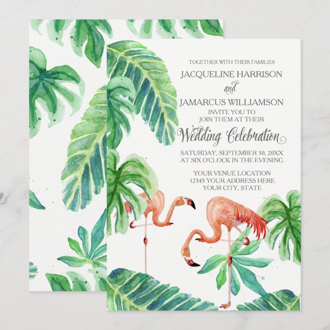 Banana Leaf Watercolor Pink Flamingo Beach Art Invitation (Front/Back)