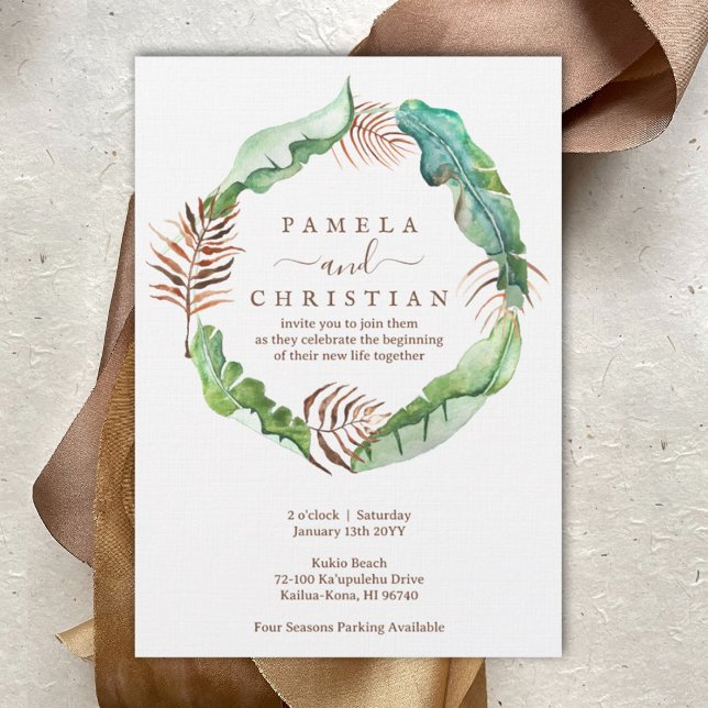 Banana Leaf Wreath Wedding Invitation (Lush Tropical Banana Leaves Wedding Invitation, Brown and Light Green Tropical Leaf Wreath)