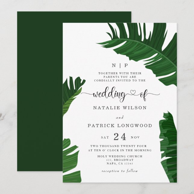 Banana Leaves Monogrammed Tropical Wedding Invitation (Front/Back)