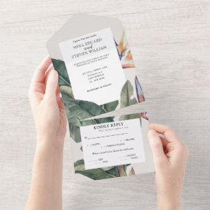 Banana Leaves tropical watercolor wedding All In One Invitation