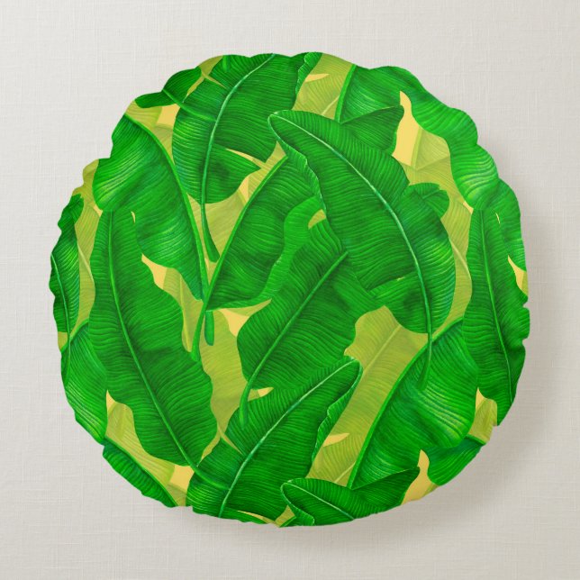 Banana leaves watercolor pattern round pillow (Front)