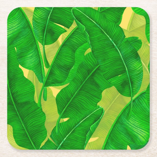 Banana leaves watercolor pattern square paper coaster (Front)
