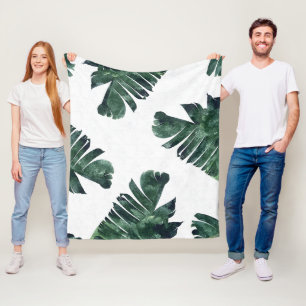 Banana Leaves Watercolor Tropical Botanical Fleece Blanket