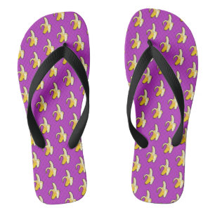 Banana Pattern Pixel Art Peeled Banana On Purple Flip Flops