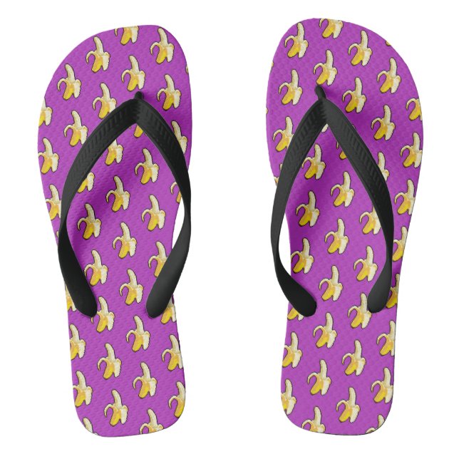 Banana Pattern Pixel Art Peeled Banana On Purple Flip Flops (Footbed)
