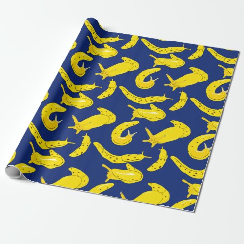 Banana Slugs Bright Yellow Royal Blue Patterned Wrapping Paper