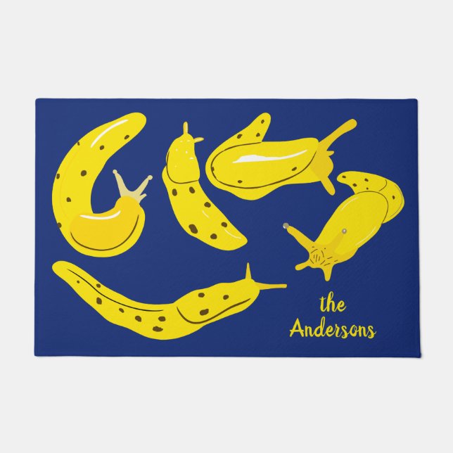 Banana Slugs Graphic Yellow and Blue Personalized Doormat (Front)